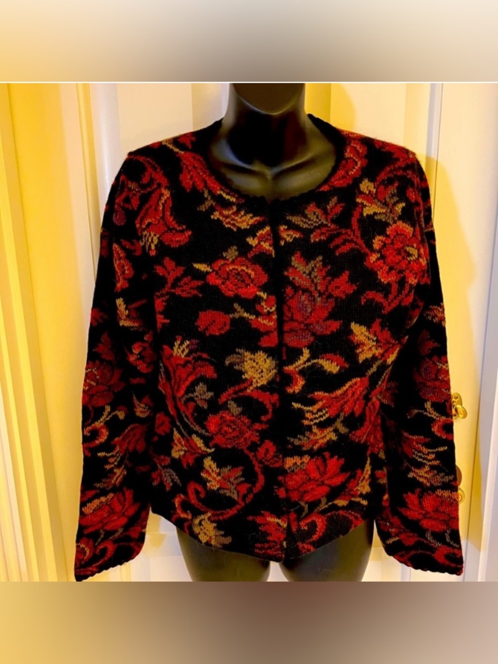 100%A PERUVIAN Connection Black Knit Cardigan with Red and Brown Floral Jacquard